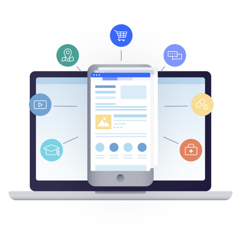 Mobile web browser emulator displaying cross-industry content on a virtual mobile screen over a desktop interface.