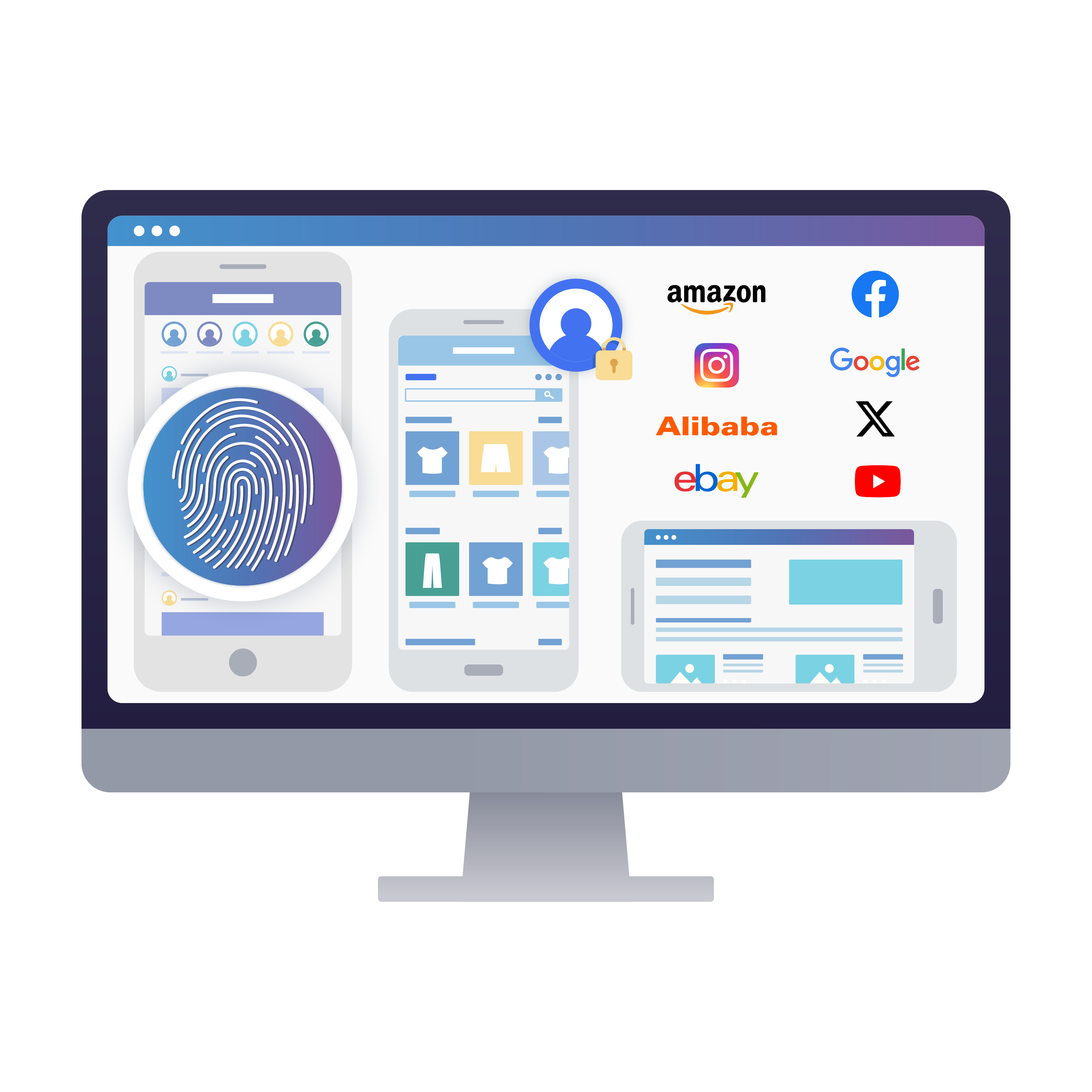 Illustration of a mobile device browser emulator managing multiple mobile accounts across platforms with fingerprint protection.