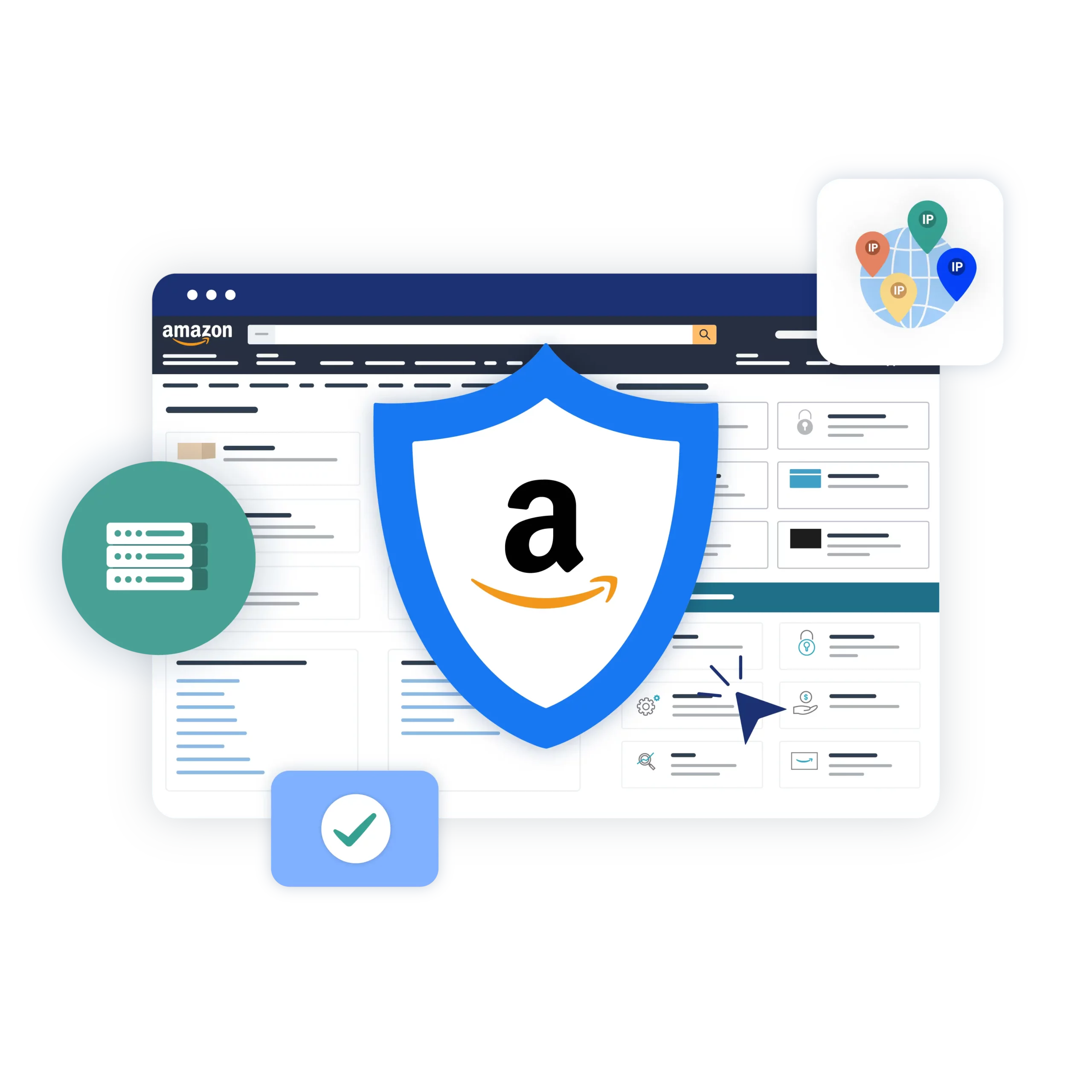 "Image illustrating how Multilogin helps avoid Amazon account restrictions with built-in proxies.