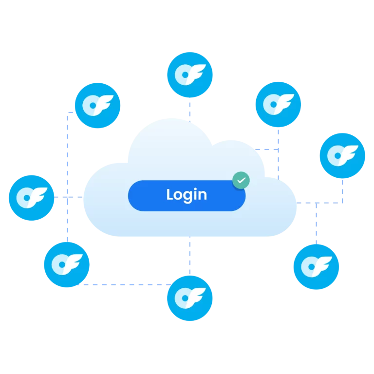 A cloud with a login button connected to various OnlyFans icons, highlighting secure and centralized access to multiple OnlyFans accounts.