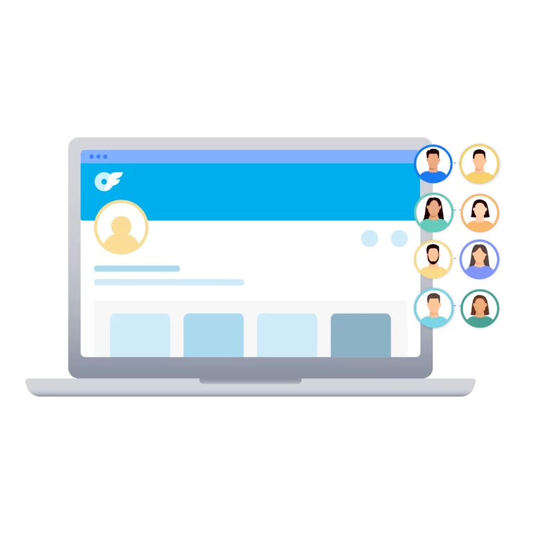 A laptop screen displaying an OnlyFans interface, with multiple user avatars representing effective management of multiple OnlyFans accounts.