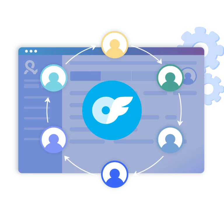 Dashboard interface with the OnlyFans logo, surrounded by user icons in a circular flow and gear symbols, representing streamlined and automated handling of multiple OnlyFans accounts.