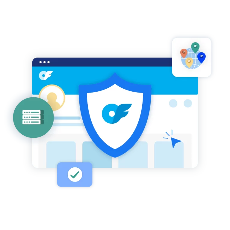 Security-focused illustration with a shield and OnlyFans logo, complemented by server and IP location icons, emphasizing safe management of multiple OnlyFans accounts.