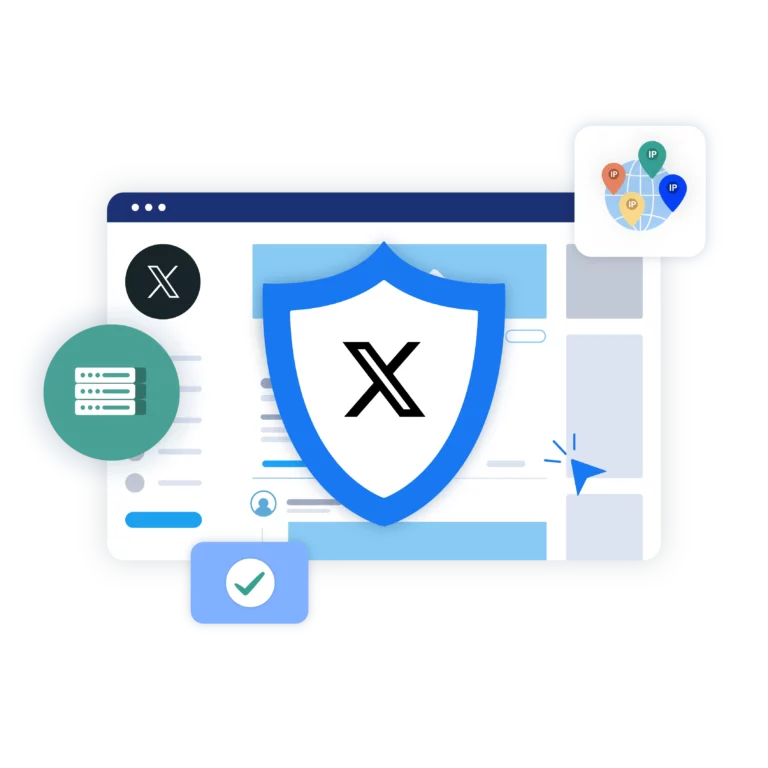 Visual showing how Multilogin's built-in proxies help prevent suspension of Twitter accounts by providing secure, clean IPs across over 150 countries.