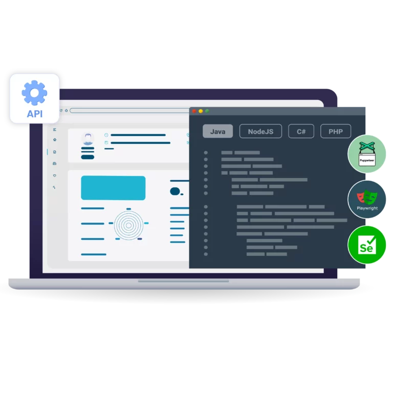 Image illustrating how Multilogin X seamlessly integrates into automated workflows, supporting single API calls and working with tools like Selenium, Puppeteer, and Playwright to instantly launch browser profiles with local settings.