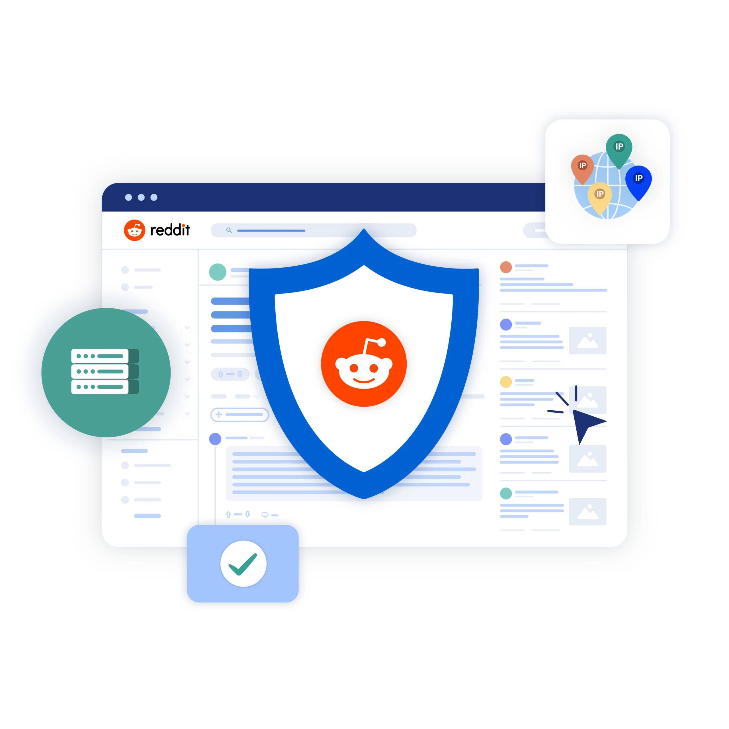 Illustration showcasing built-in proxies in Multilogin for preventing Reddit account bans and ensuring secure account management.