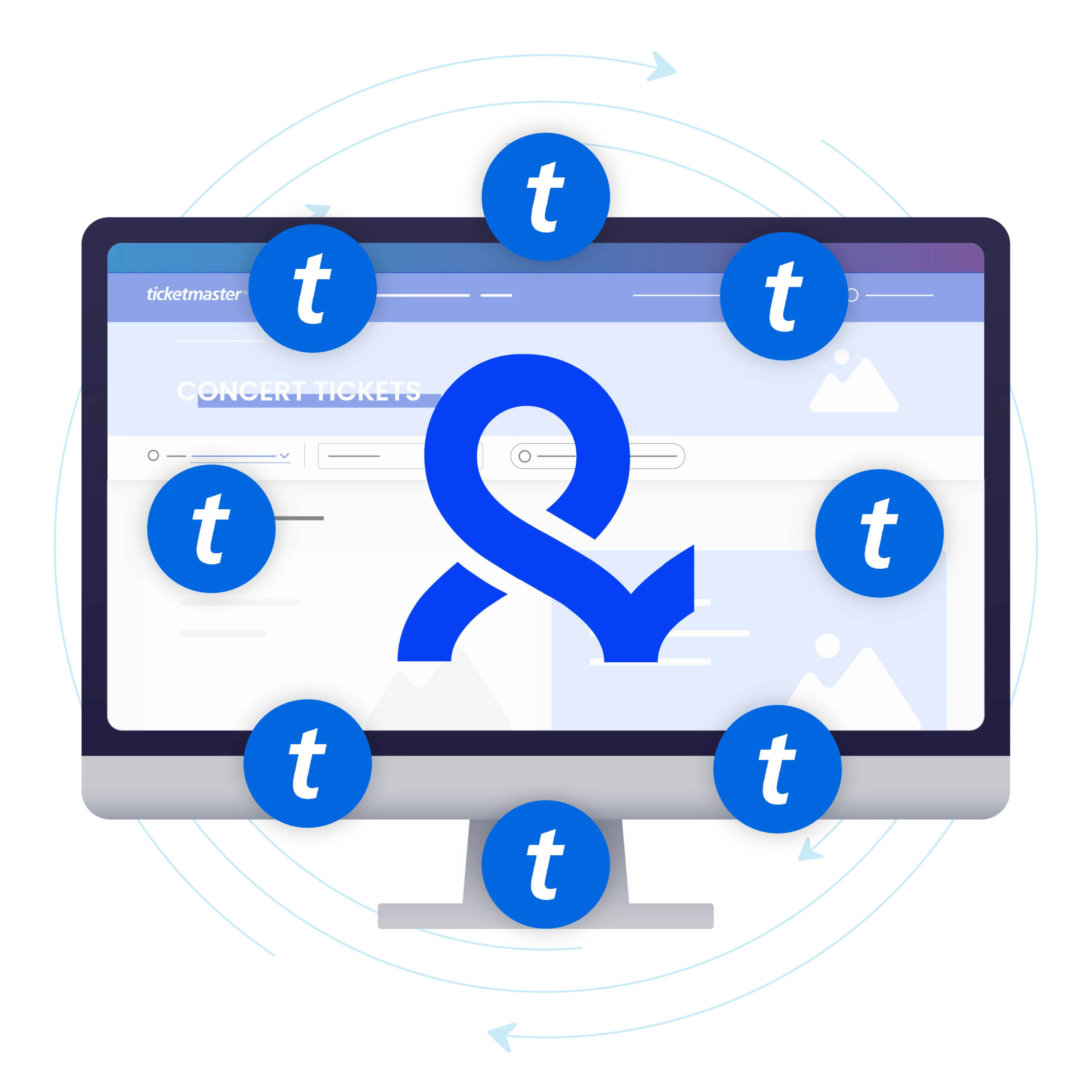 Illustration of multiple Ticketmaster accounts managed on one screen, representing advanced access with a Ticketmaster presale code.