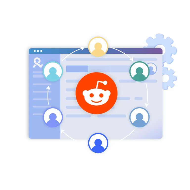Illustration of teamwork managing Reddit accounts securely with Multilogin, enabling collaboration and account isolation.