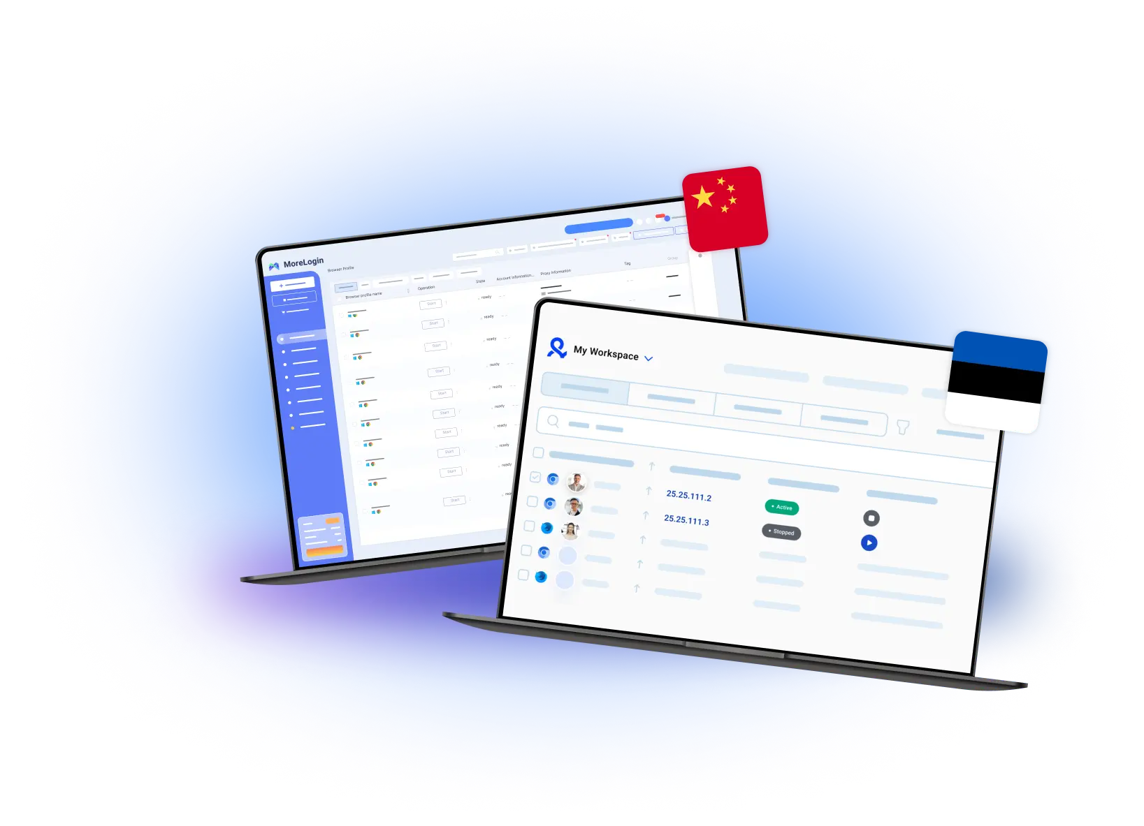Comparison of MoreLogin and Multilogin dashboards, with the Chinese and Estonian flags displayed, showcasing profile management and workspace features for handling multiple accounts.