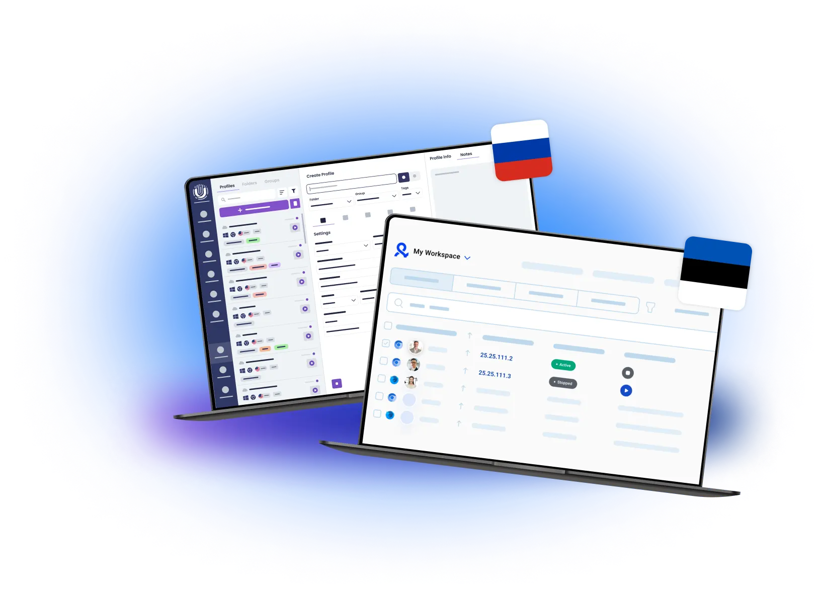 Comparison of Multilogin and Undetectable.io dashboards, with profile management and workspace features displayed on two laptops, marked by Russian and Estonian flags, highlighting their distinct functionalities.