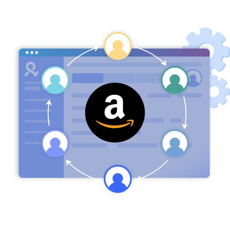 Image showcasing the ability to share multiple Amazon accounts with your team using Multilogin, offering role-based access, and cloud-stored profiles for efficient team management.