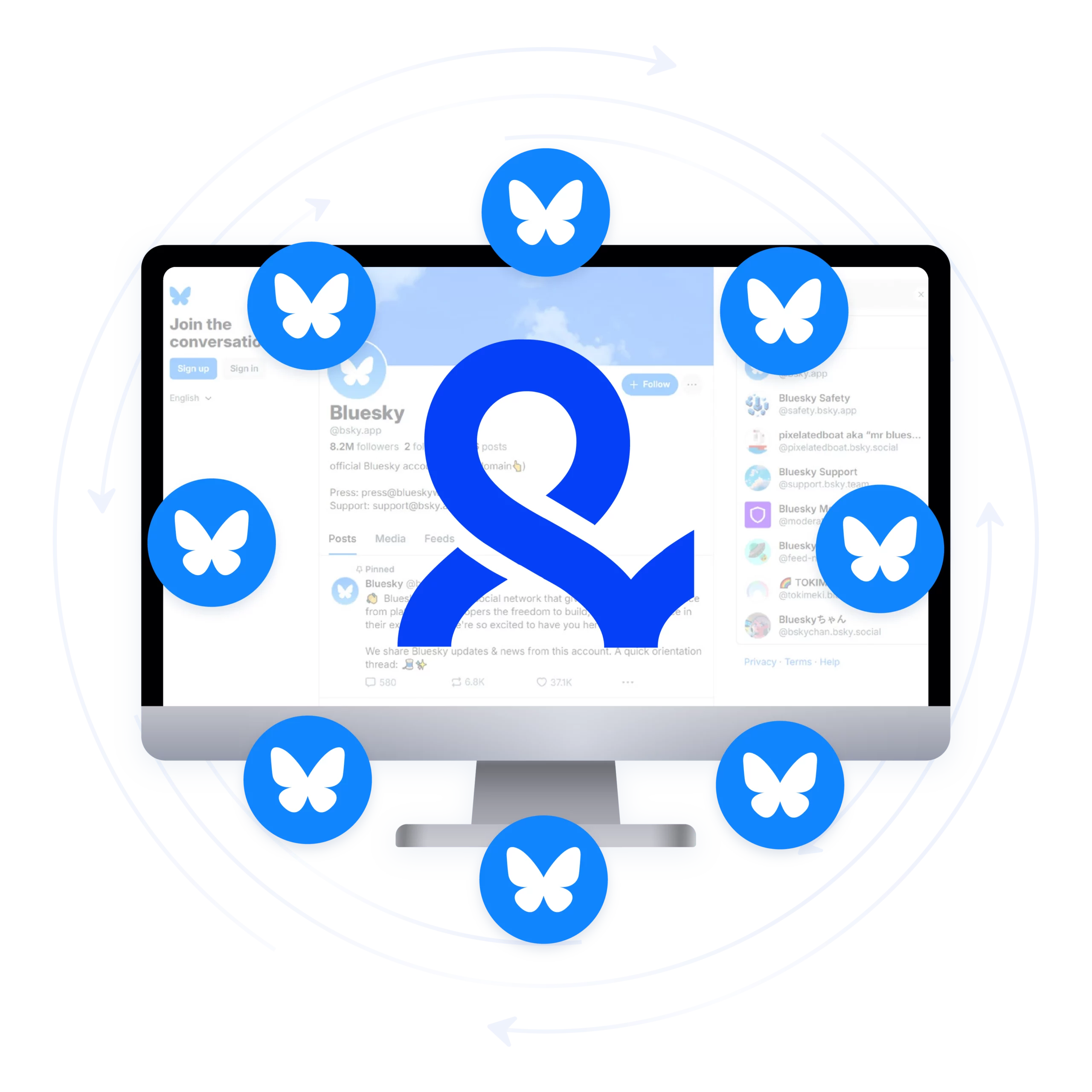 Bluesky multiple accounts shown around a central desktop screen with the Bluesky logo.