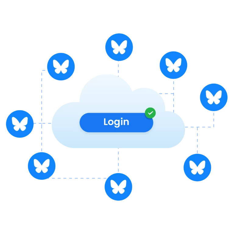 Login cloud connecting multiple Bluesky accounts in a networked layout.