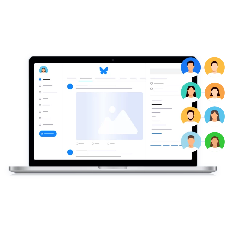 Bluesky interface on a laptop with multiple user profiles showing multiple Bluesky accounts.