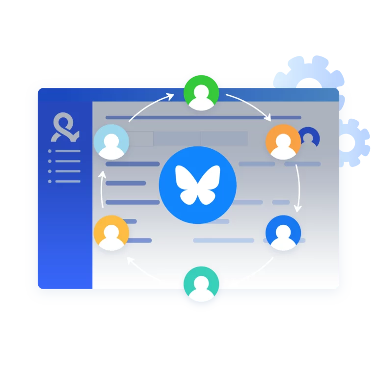 Dashboard with Bluesky logo showing user flow between multiple Bluesky accounts.
