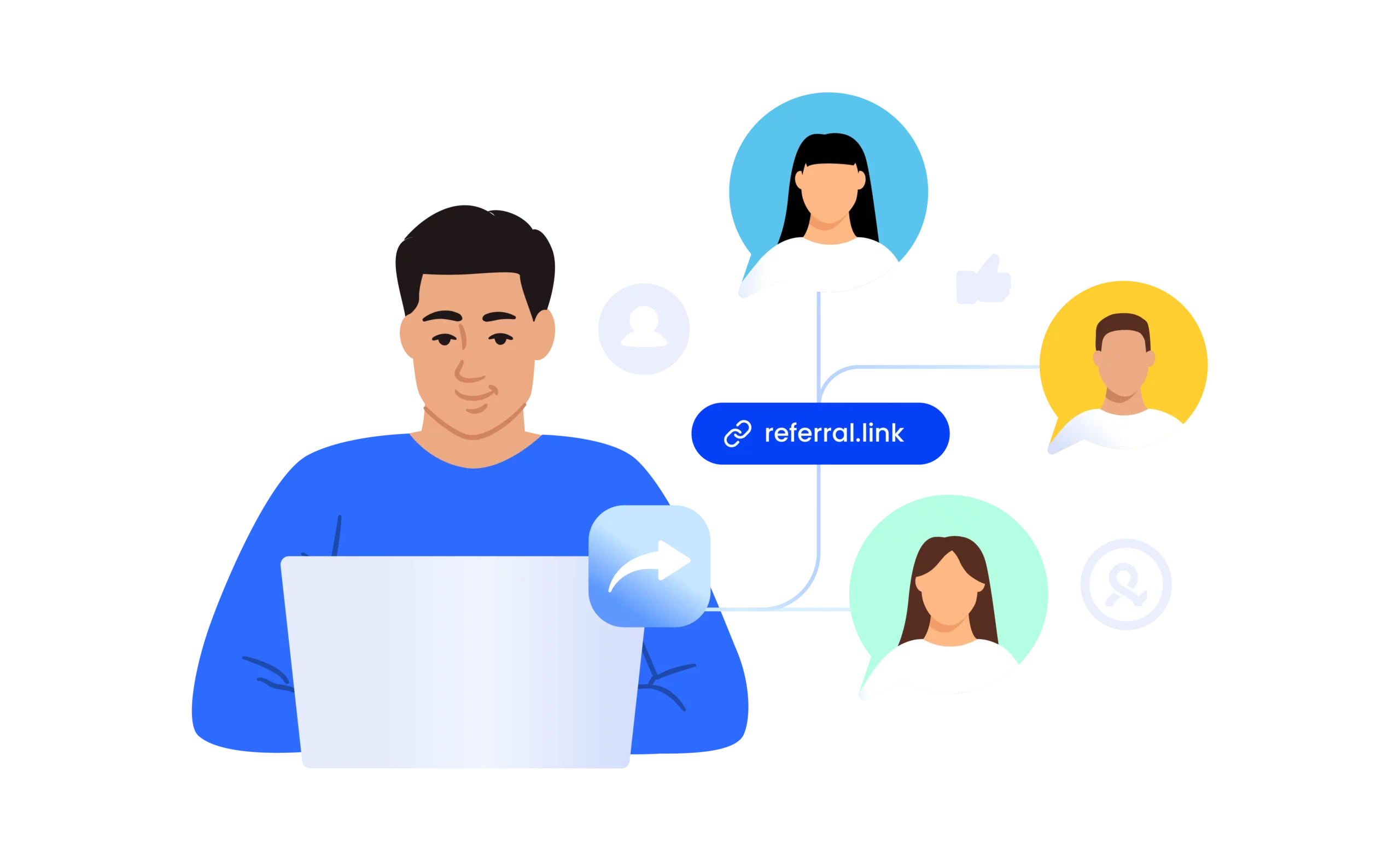 Image displaying a person sharing a referral link from a laptop, connecting to multiple user profiles.