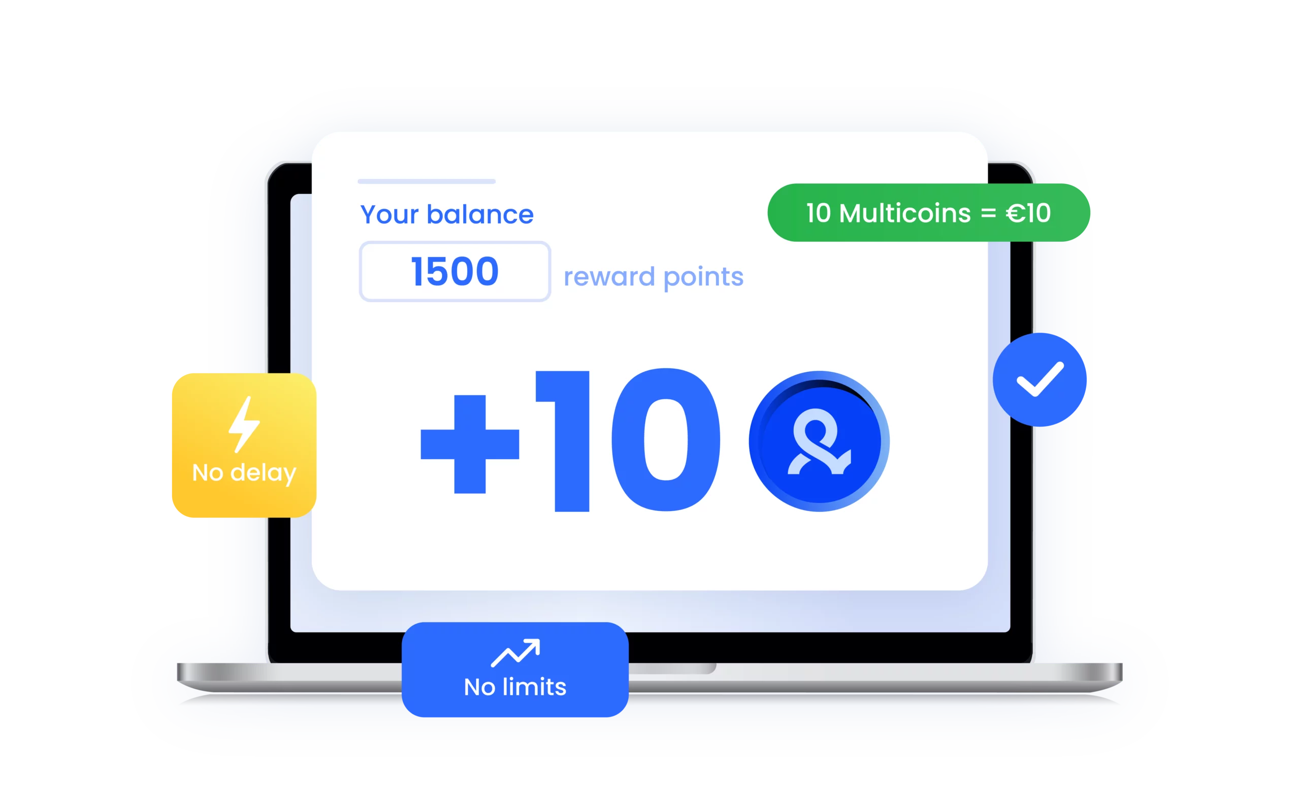 Image displaying a laptop screen showing a reward points balance and Multicoins value with tags for no delay and no limits.