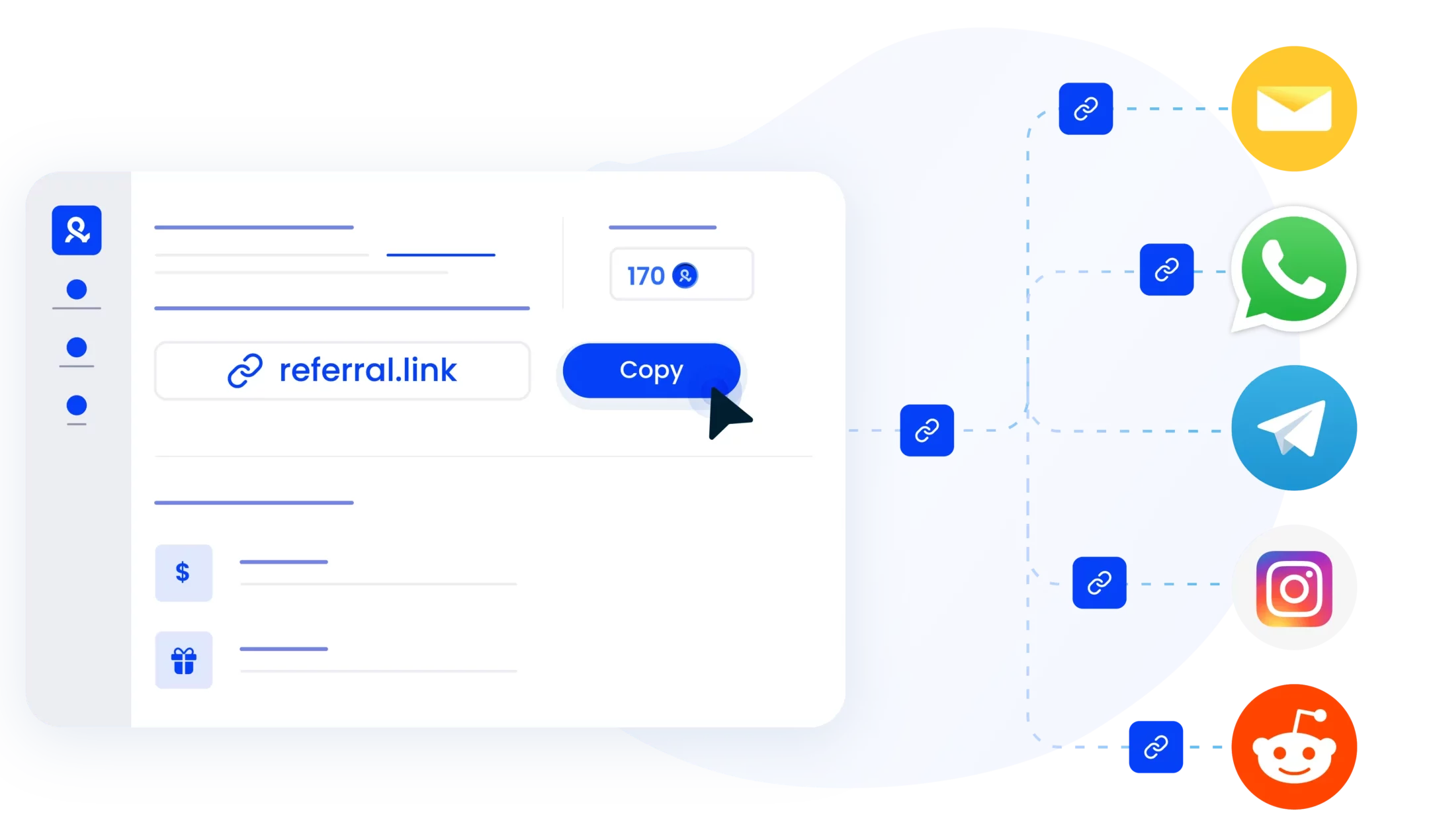 Image displaying a referral link being copied and shared across platforms like WhatsApp, Telegram, Instagram, and Reddit.
