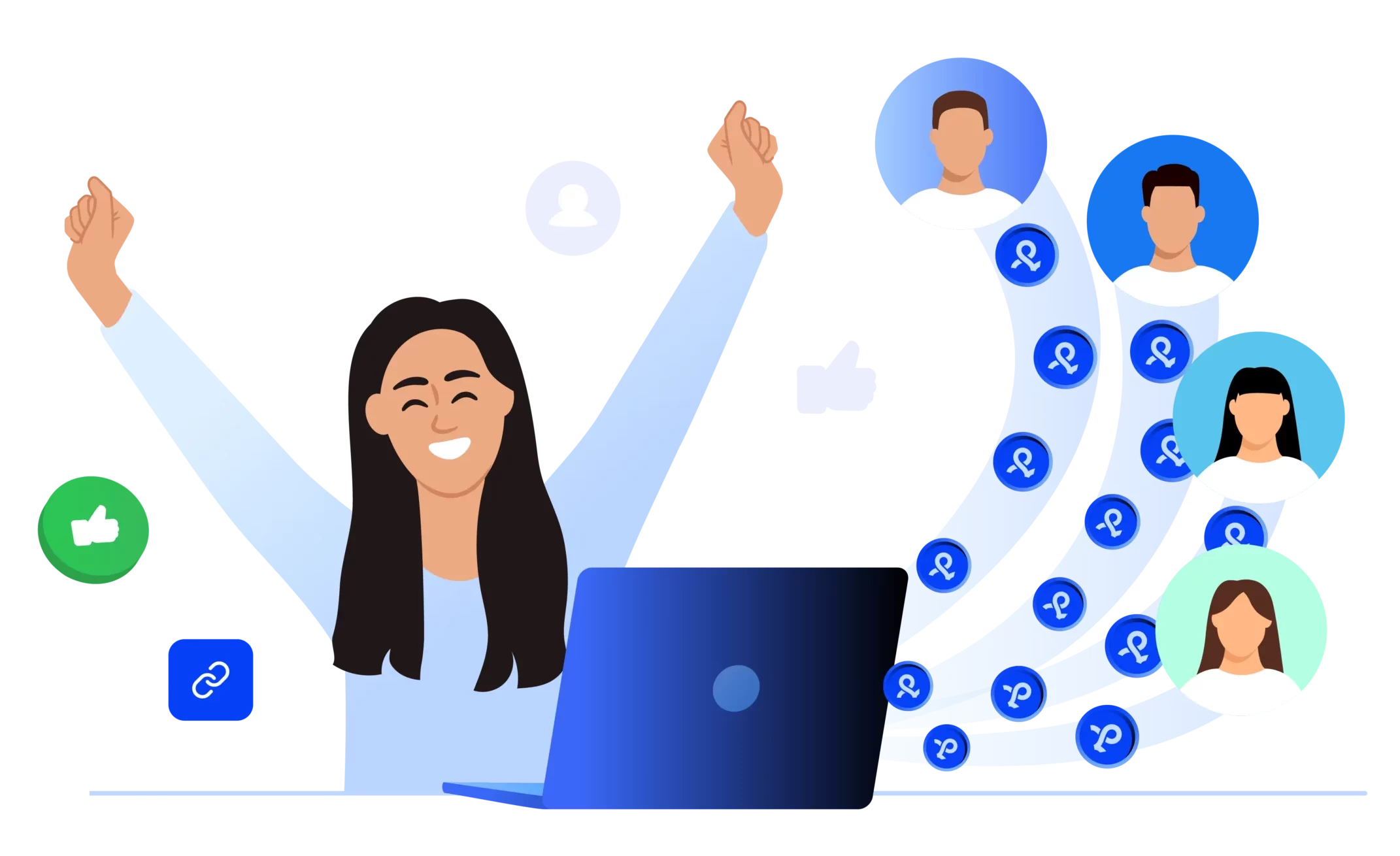 Image displaying a happy woman at a laptop, celebrating as referral rewards flow in from multiple users.