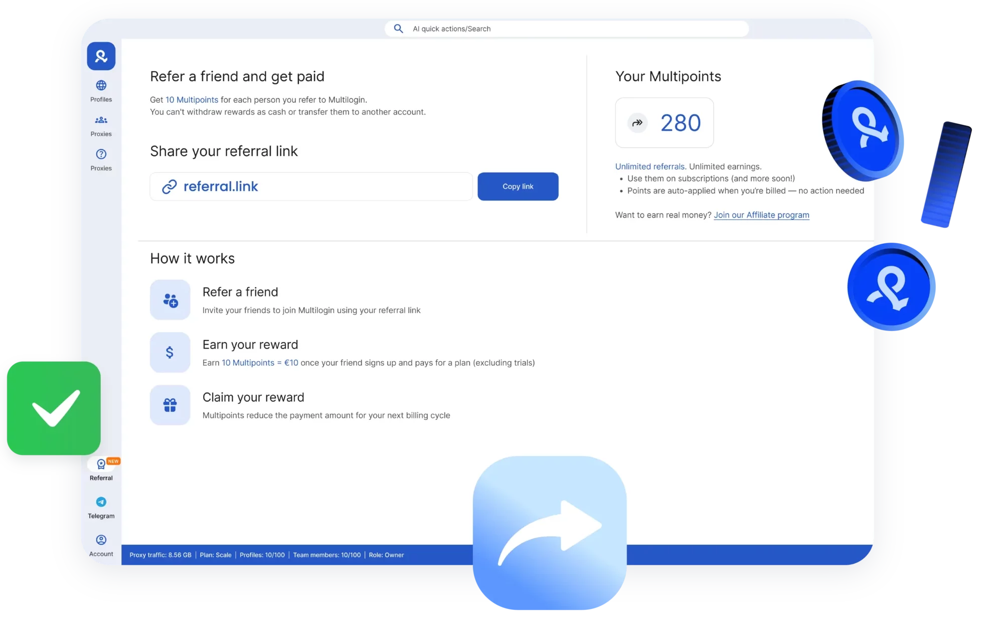 Image displaying a Multilogin dashboard with referral program details, showing points balance and steps to earn rewards.